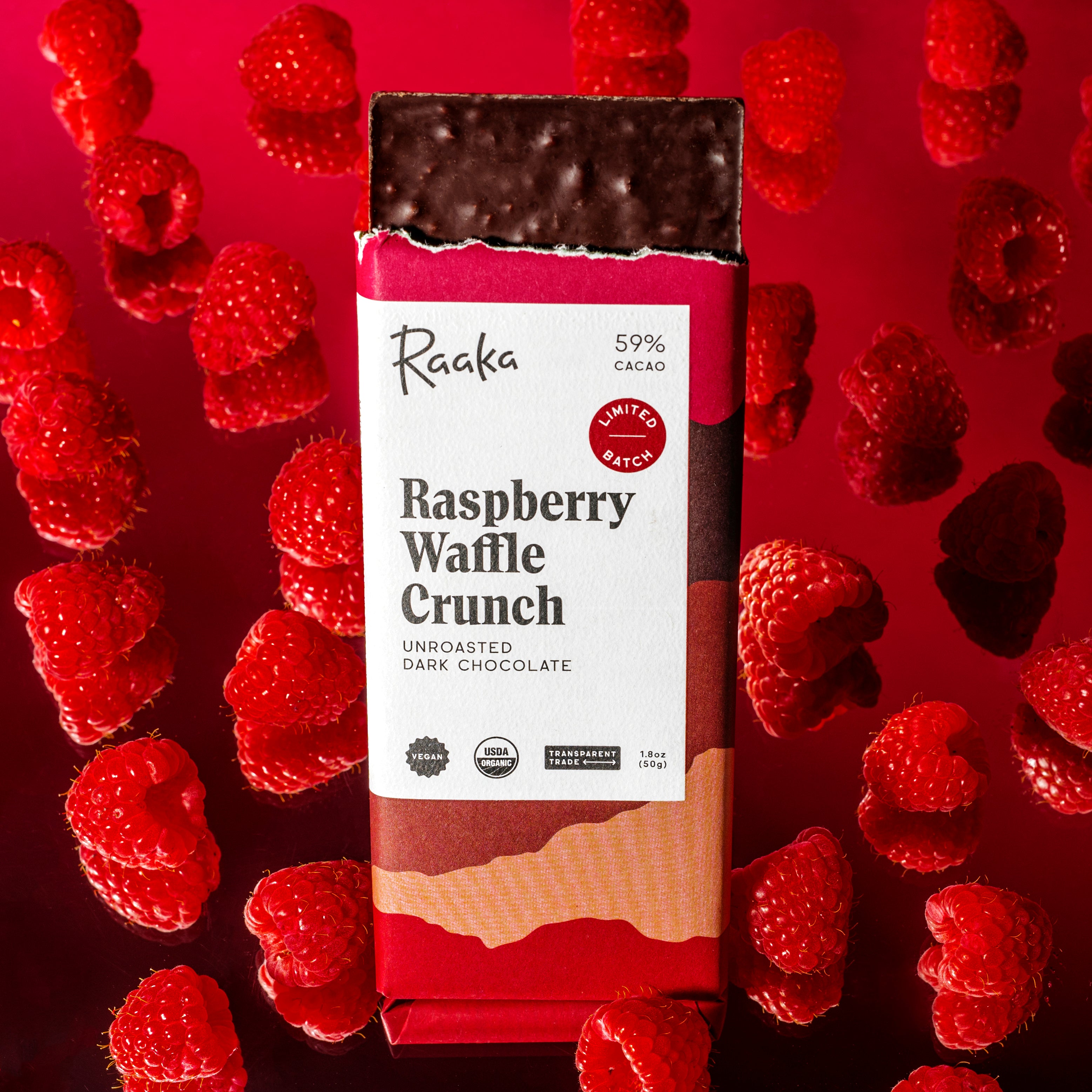 Raspberry Waffle Crunch Vegan Dark Chocolate – Raaka Chocolate