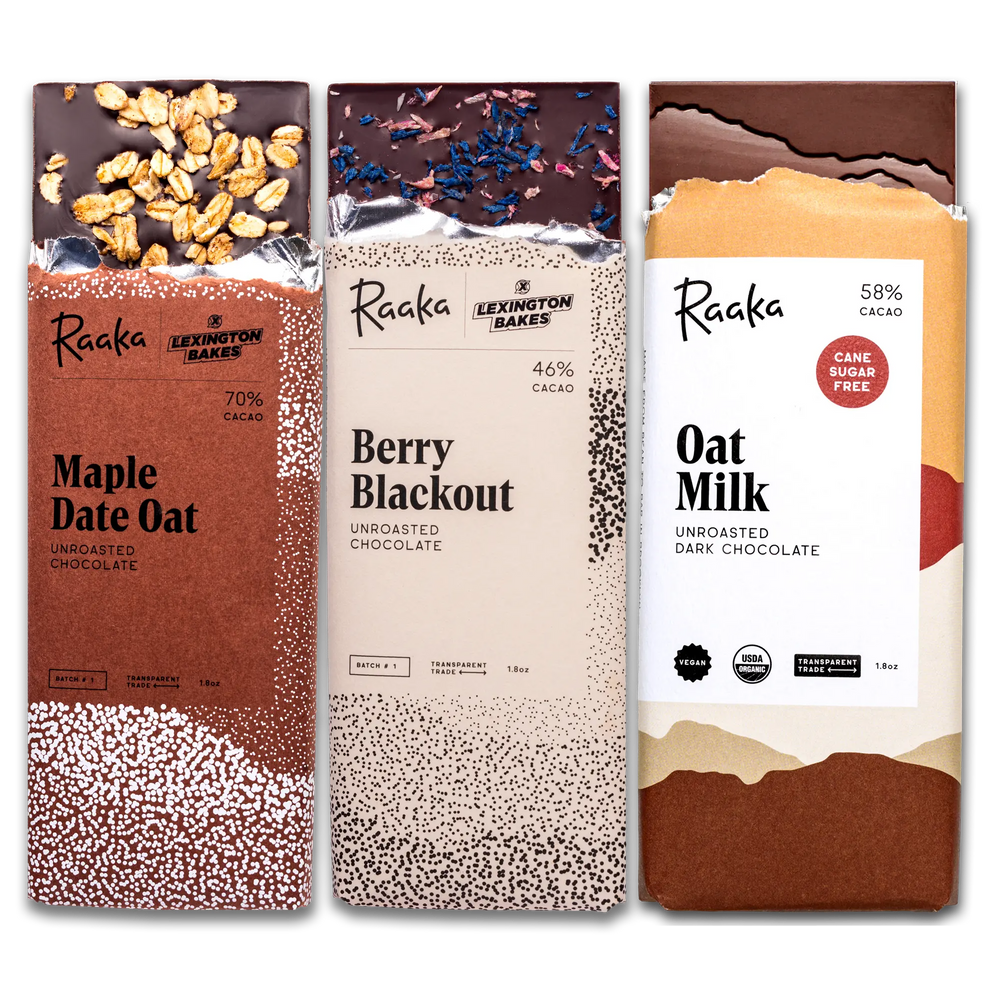 Three chocolate bars in a row: Maple Date Oat, Berry Blackout, and Oat Milk. 