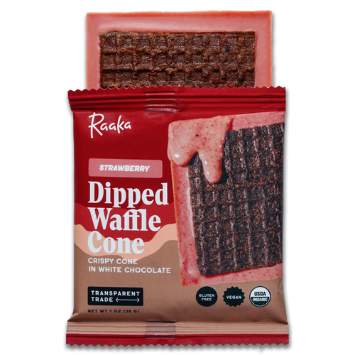 Strawberry Dipped Waffle Cone Bar popping out of wrapper. Chocolate bar is pink with a dark cocoa waffle cookie on top.