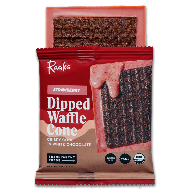 Strawberry Dipped Waffle Cone Bar popping out of wrapper. Chocolate bar is pink with a dark cocoa waffle cookie on top.