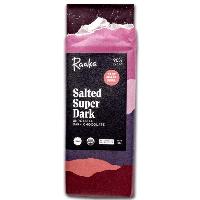 Salted Super Dark Bar in Wrapper and popping out. A salted dark chocolate.