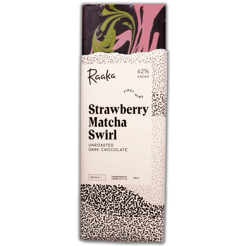 Raaka Strawberry Matcha Swirl chocolate bar packaging on a white background