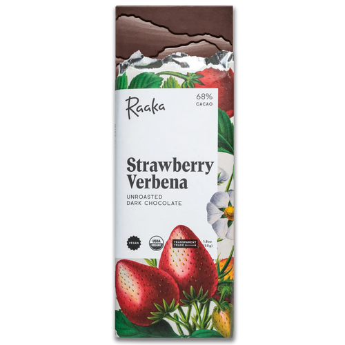 Raaka Strawberry Verbena dark chocolate bar packaging on a white background