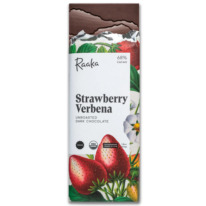 Raaka Strawberry Verbena dark chocolate bar packaging on a white background