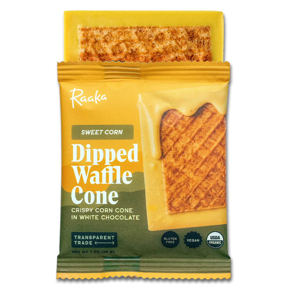Sweet Corn Dipped Waffle Cone sticking out of packaging on transparent background.