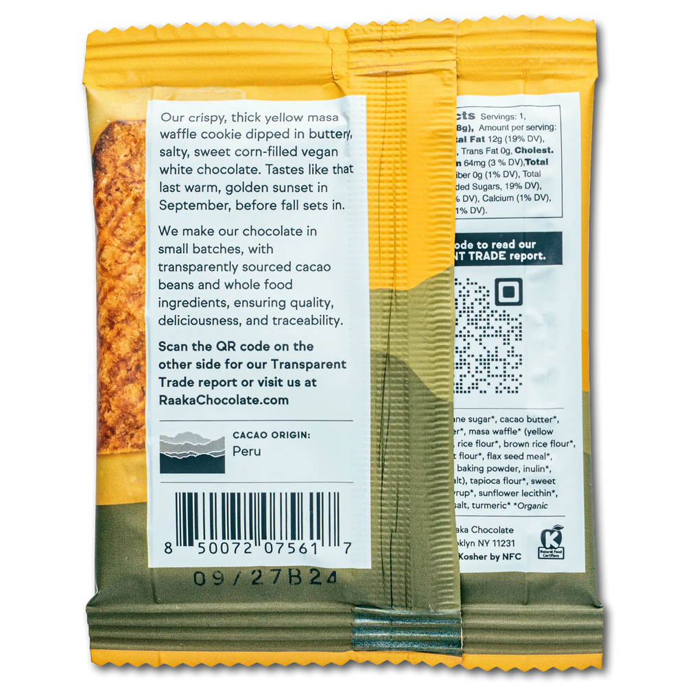 The back of the Sweet Corn Dripped Waffle Cone wrapper with product information, QR code, ingredients, and a barcode. The wrappers are yellow and olive green with a printed photo of the cookie on the left wrapper.