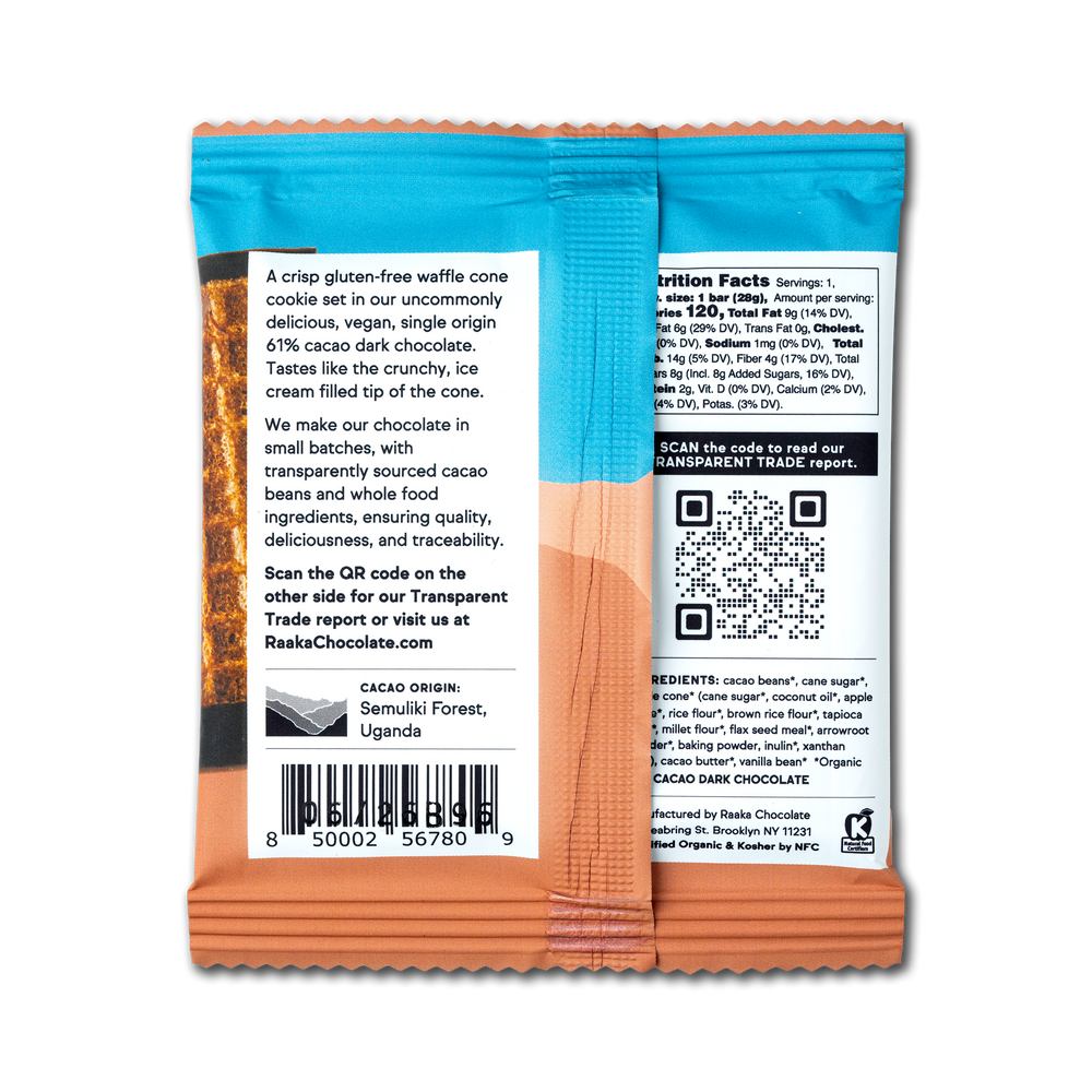 


Back view of a Raskin Chocolate bar packaging with text and QR code.