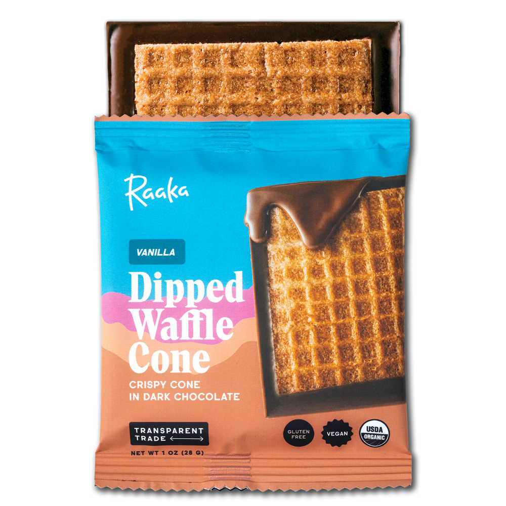 Raaka Vanilla Dipped Waffle Cone packaging with waffle cone and chocolate on a white background.