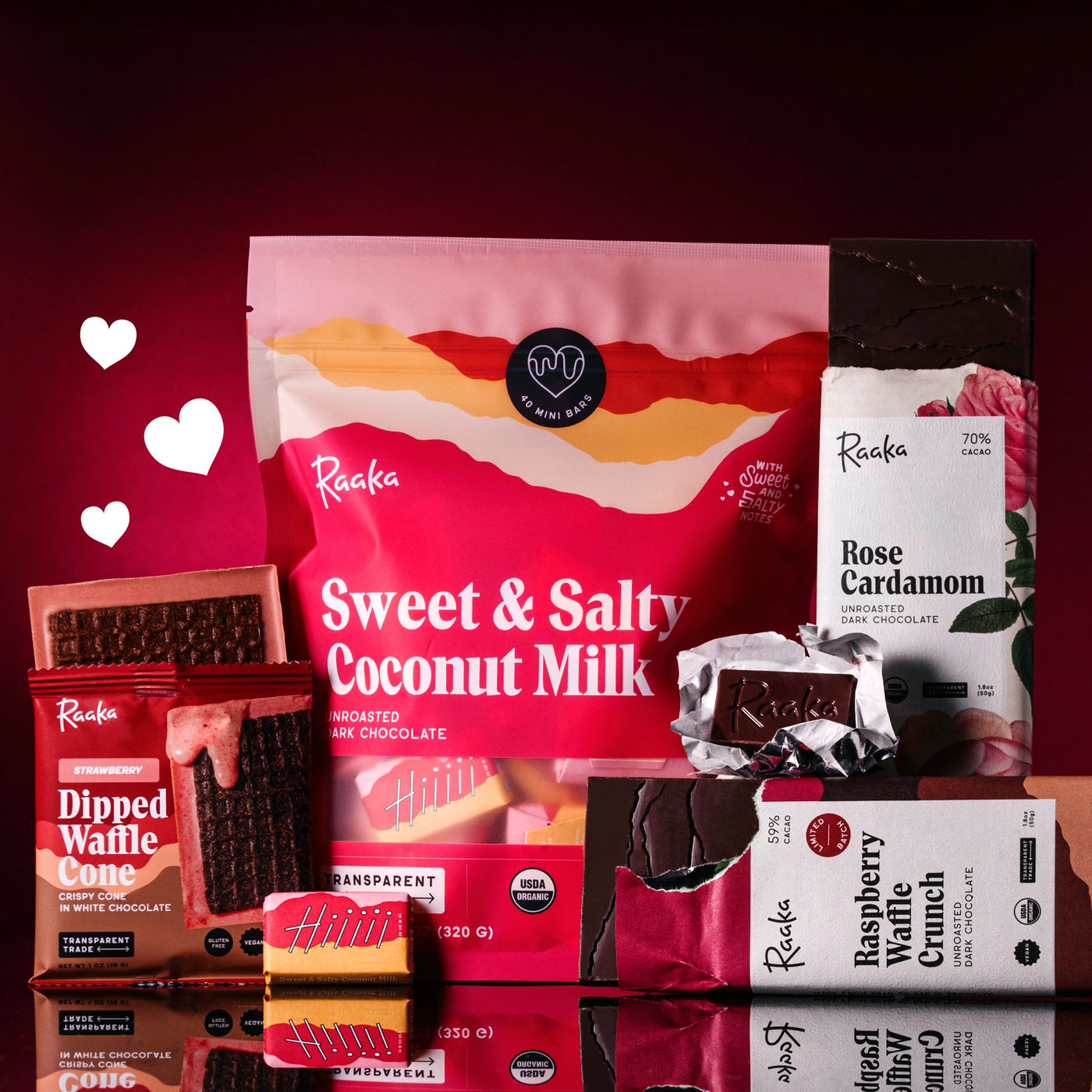 Valentine's Day Collection with Strawberry Dipped Waffle Cone bar, Sweet and Salty minis bag, Raspberry Waffle Crunch, and Rose Cardamom.