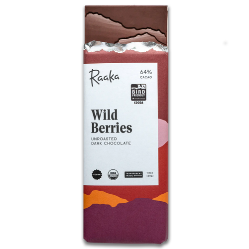 Raaka Wild Berries unroasted dark chocolate bar packaging on a white background