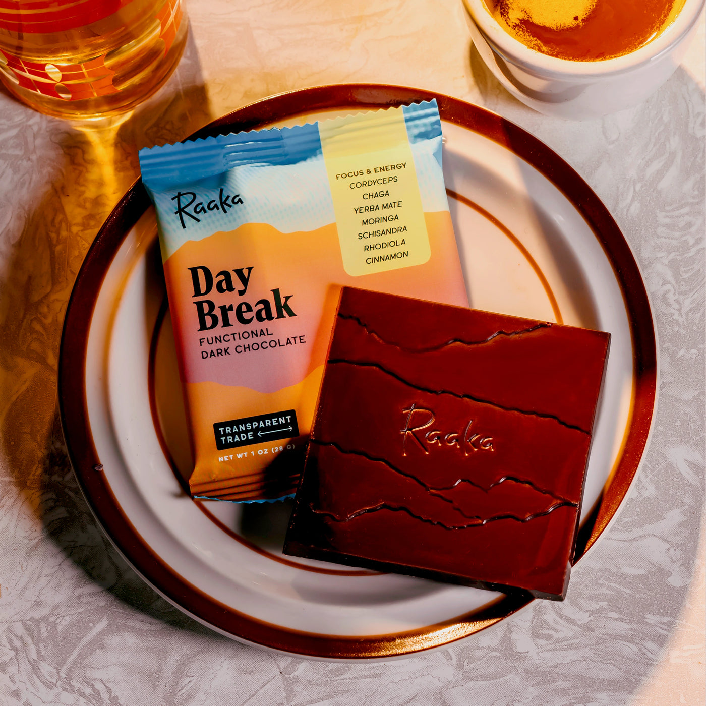 Day Break chocolate on a plate with golden sunlight coming down.
