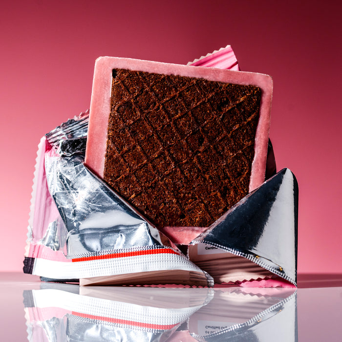 Strawberry Waffle Cone Chocolate bar with open foil showing chocolate waffle