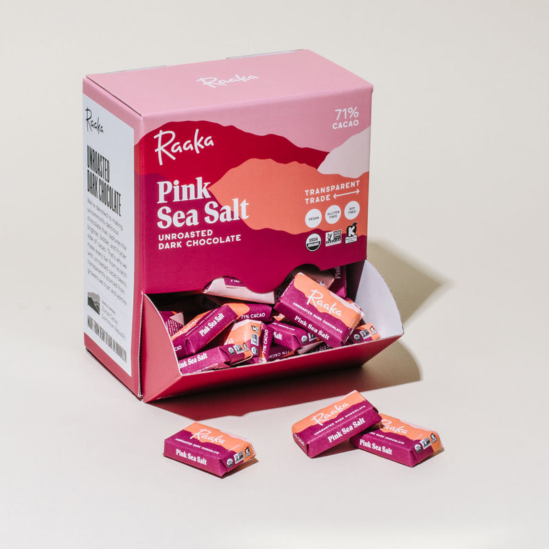 Pink Sea Salt Minis Box (Box of 100) - Raaka Chocolate